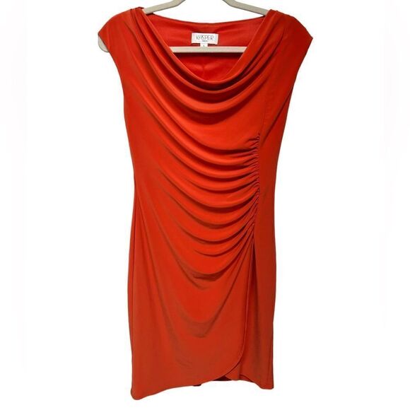 Kasper Sexy Orange Red Ruched Mini Bodycon Dress Fitted Short Dress Scoop Neck - Picture 1 of 4